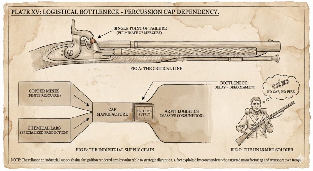 Plate XV, a sketch of a percussion lock and the supply chain behind one cap