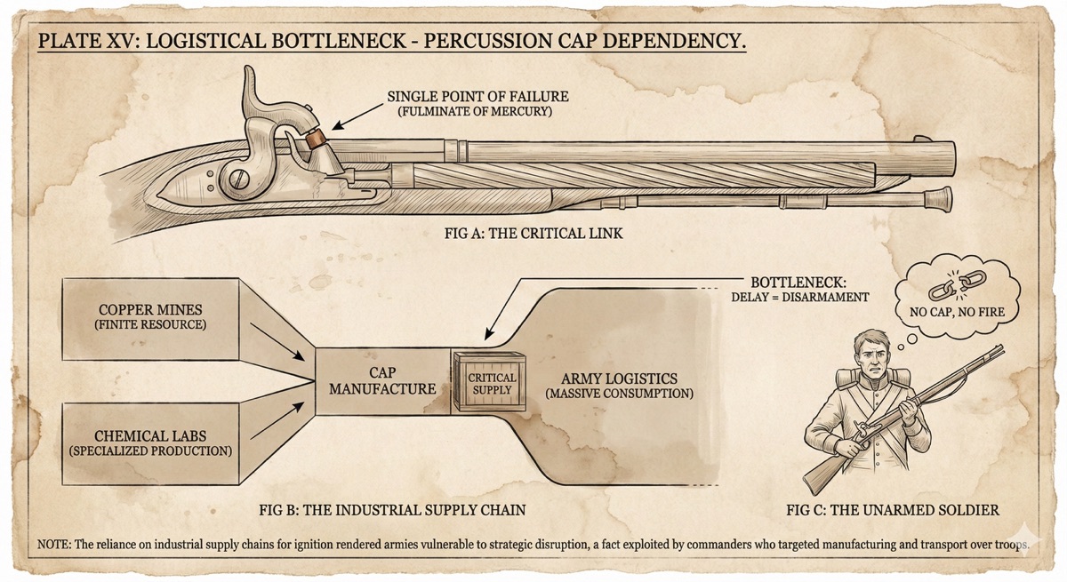 Plate XV, a sketch of a percussion lock and the supply chain behind one cap